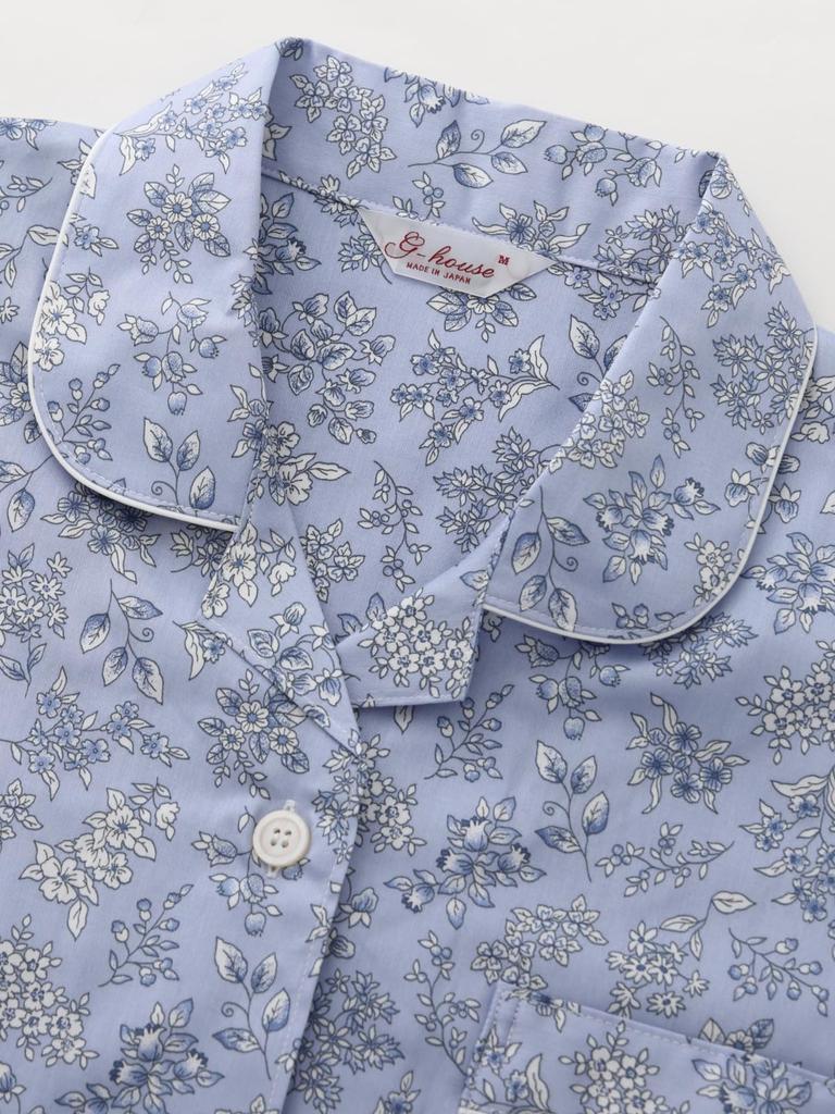 Made In Japan Satin Cotton Pajamas Long Sleeve Floral Spring Autumn M L Sax [Kaitak Family] G-HOUSE Women's 100% (L, (Floral))