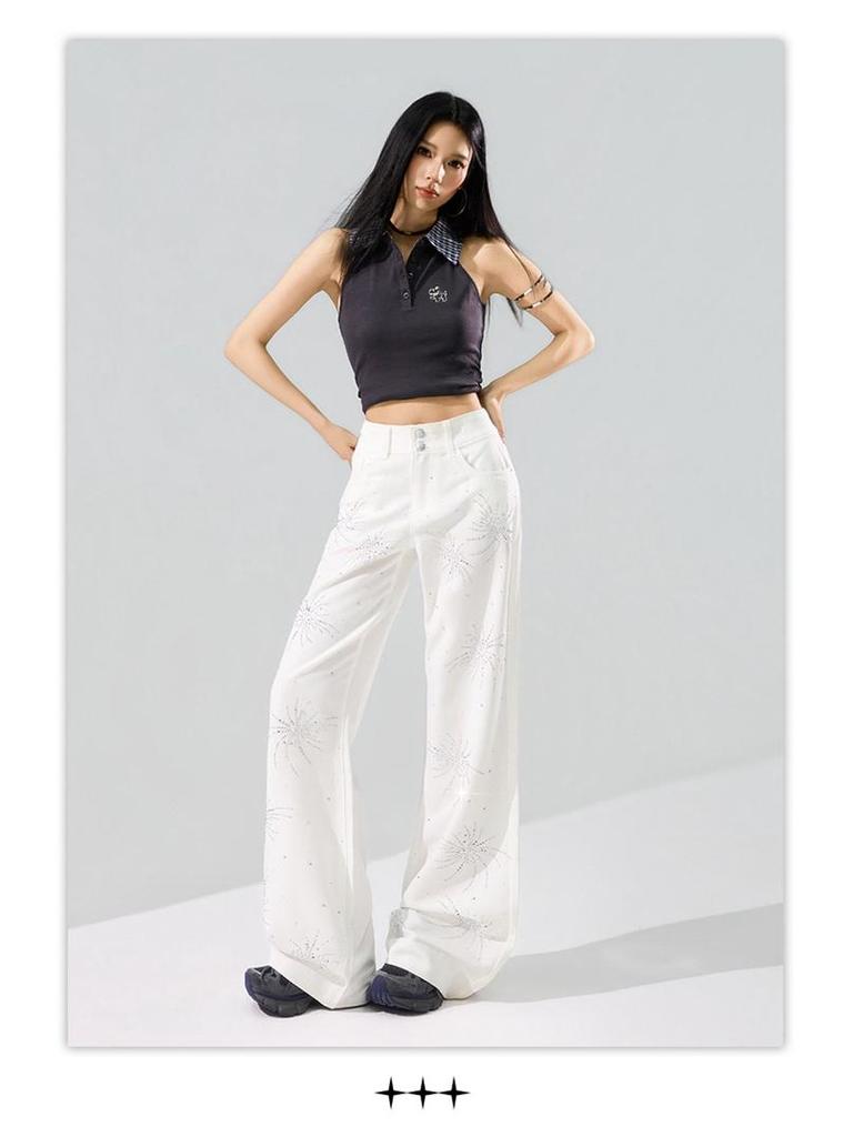 Fireworks Flash Rhinestone Anti-Wrinkle Four-Way Stretch Micro-Flare Casual Pants