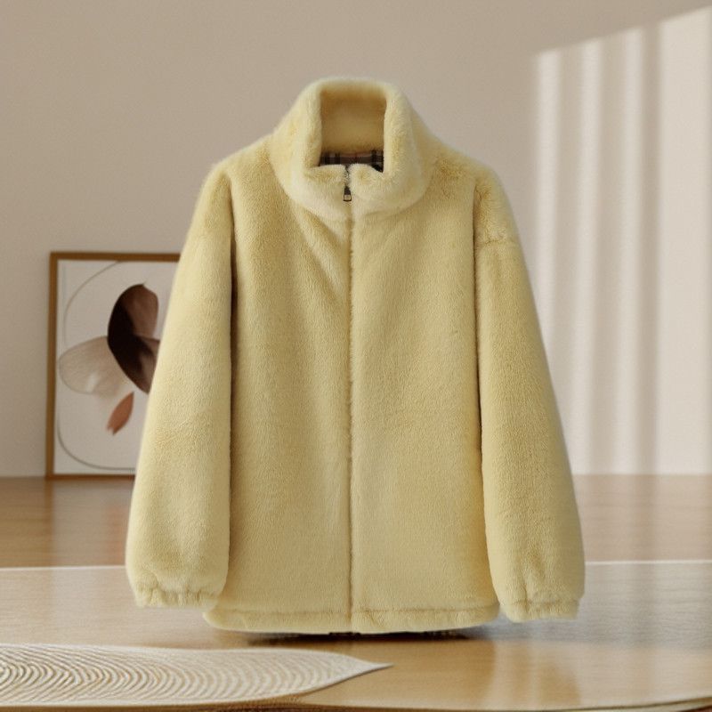 Women's Coral Fleece Jacket Autumn Winter Loose Warm Plush Jacket Stand Collar Thick Cotton Plush Jacket