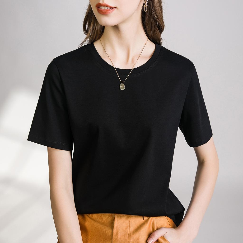 Dámské luxusní tričko s krátkým rukávem a kulatým výstřihem, jednobarevné, s polovičními rukávy a spodním dílem