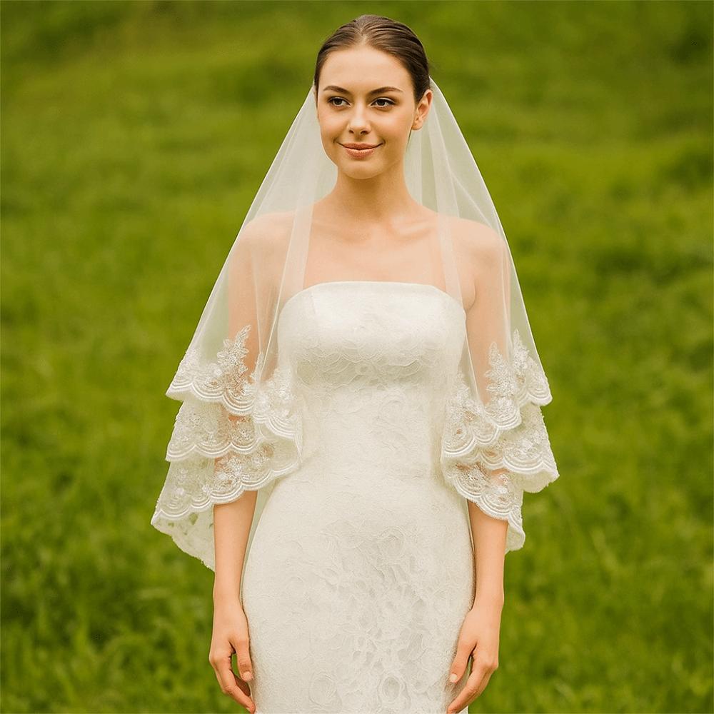 Lace Edge Double Layers Bridal Veil Luxury Lace Beaded Veil Mesh Veil Bride Hair