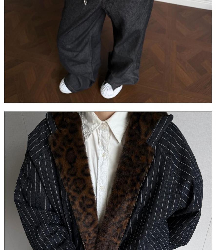 Unisex Hooded Winter Jacket with Vertical Stripes, Leopard Print Lining, and Color Block Patchwork.