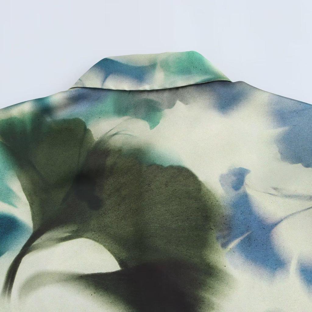 2025 Spring Women's Retro Print Silk Satin Lapel Shirt