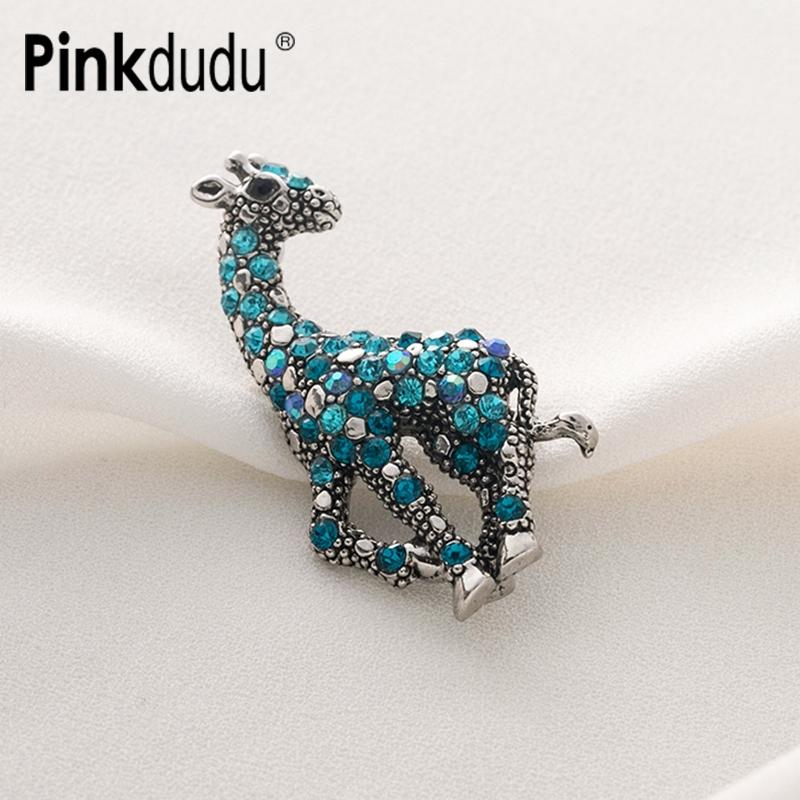 Pinkdudu Vintage Giraffe Brooch Distressed Finish with Blue Rhinestones Whimsical PD1853