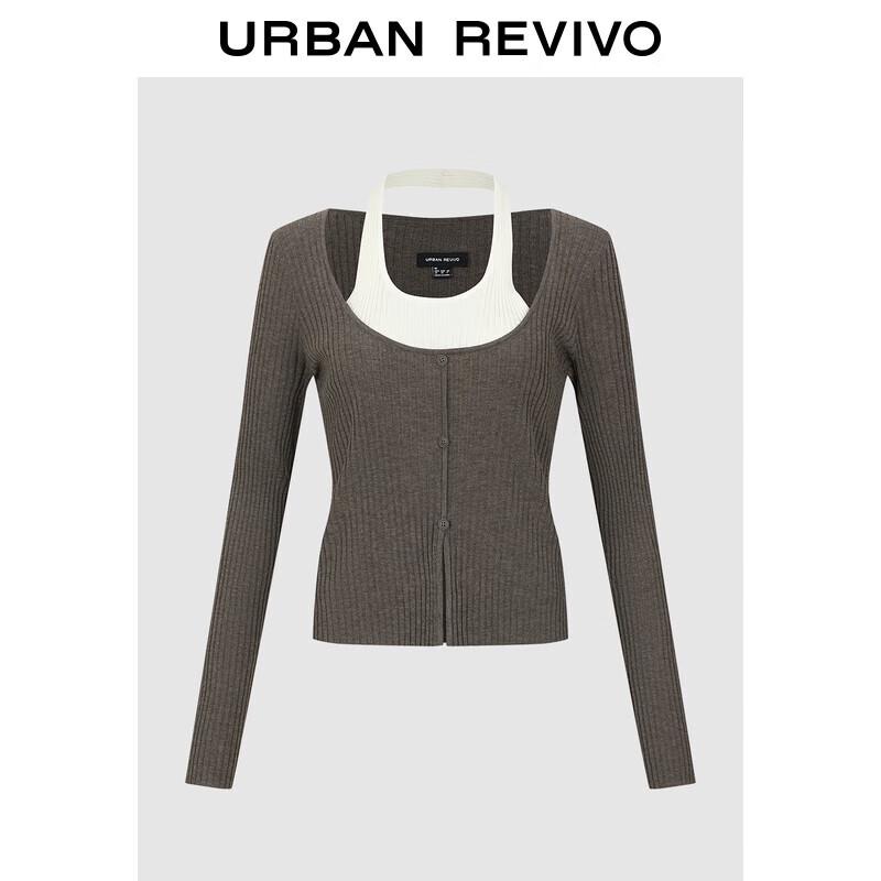 UR 2025 Women's Faux Two-Piece Color-Block Halter Knit Top