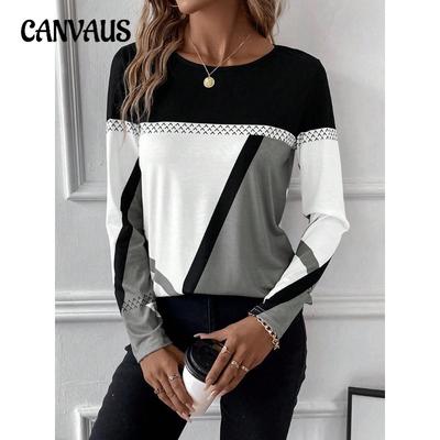 Women's Blouse Pullover Round Neck Clashing Colour Splicing Geometric Print Top