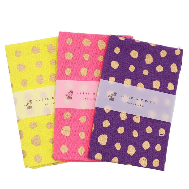 Iroha Gold Tenugui Hand Set of Uncut Mame-shibori (Tenugui Towels), 3, (Yellow/Neon Pink/Purple)
