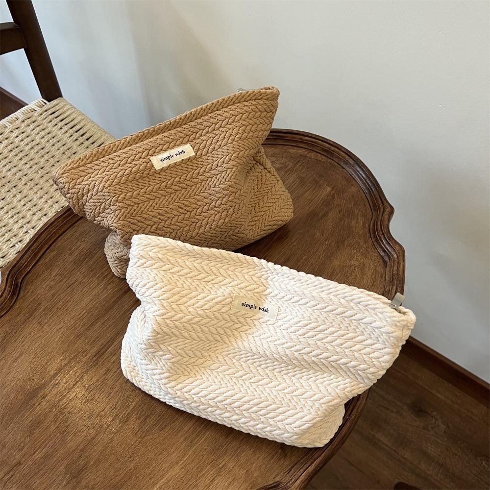 Portable Large Capacity Makeup Bag Woven Fabric Solid Color Clutches Bag Beige Coffee Cosmetic Bag Outdoor