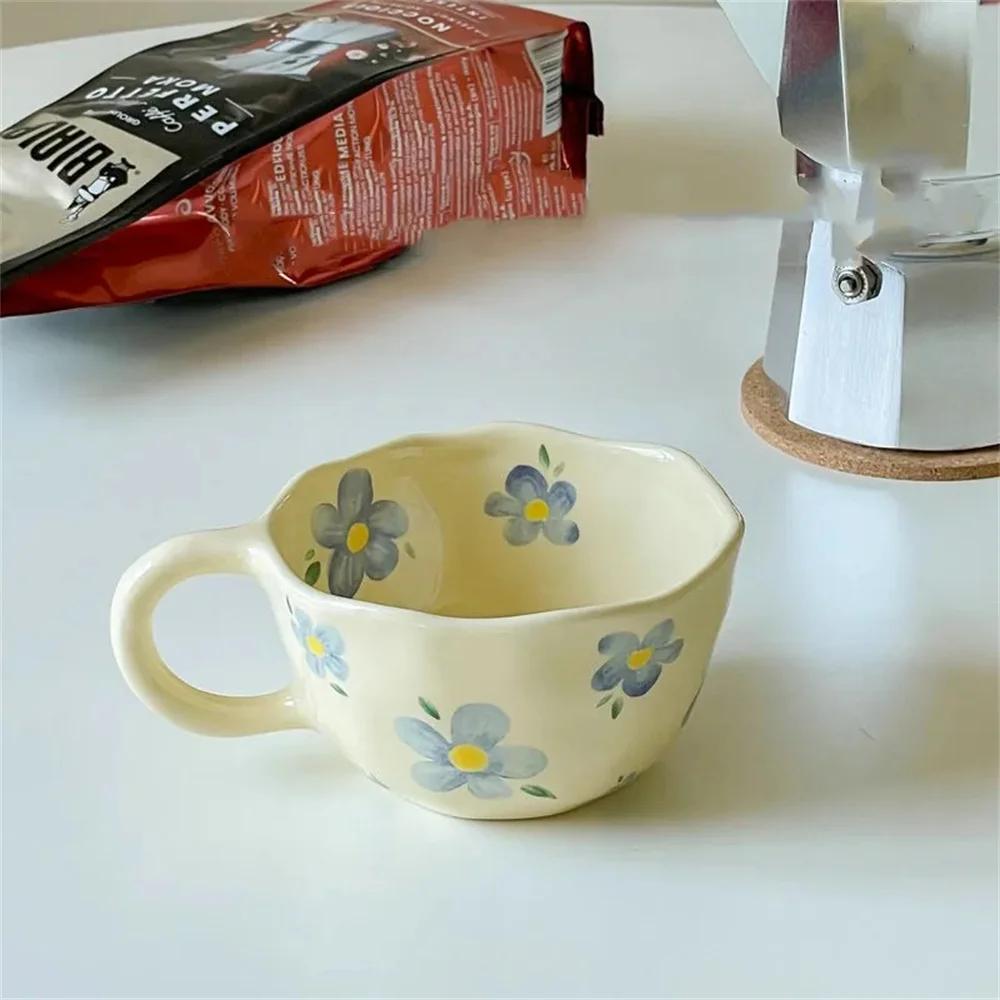 Hand-Pinched Ceramic Coffee Mug, Korean Style Floral Milk Tea Cup, Artisan Breakfast Drinkware, Unique Irregular Design