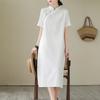 2025 Summer New Solid Color Temperament Cotton and Linen Dress Women's Diagonal Open Placket Stand-up Collar Short-sleeved Cheongsam Skirt