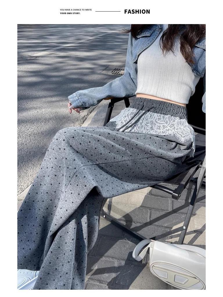 Women's Lace Patchwork Polka Dot Wide-Leg Elastic Waist Pants, Loose Fit, Floor-Length - Spring/Summer 2025 Collection