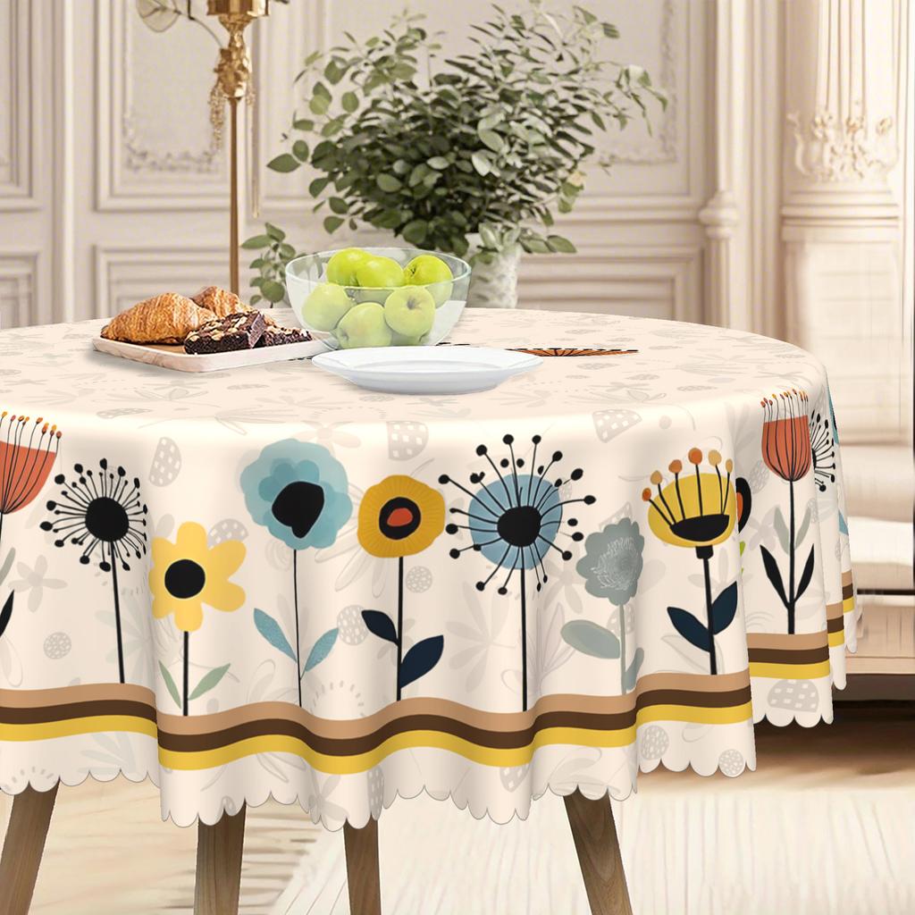 Retro Cartoon Colored Flower Round Dining Table Cloth, Waterproof And Oil-Proof Leave-In Tablecloth, Household Rectangular Dining Table Cloth