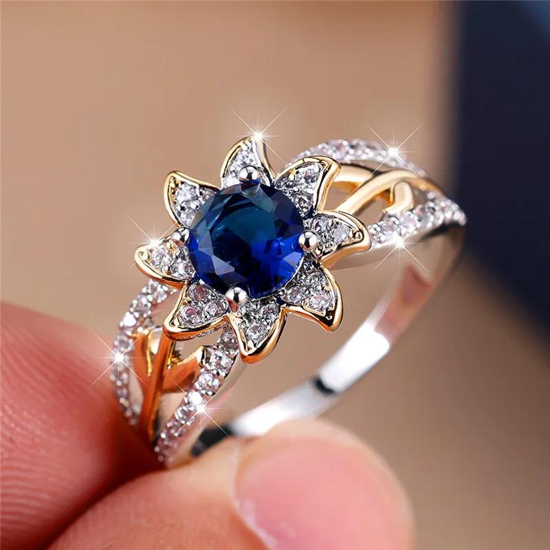 Huajie Women's Two Tone Sun Flower Shape Rings New Ring Inlaid Brilliant Zirconia Delicate Female Fashion Tide