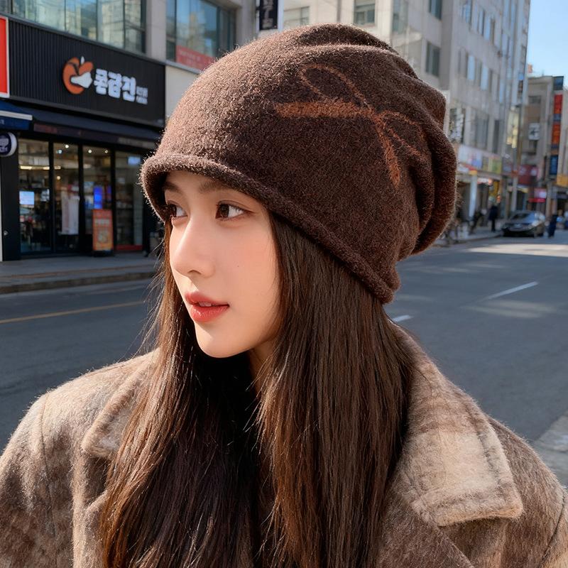 Autumn and Winter Retro Hats for Women Bow Knot Caps Big Head Circumference Face Showing Small Pile Hats Knitted Warm and Cold Hats