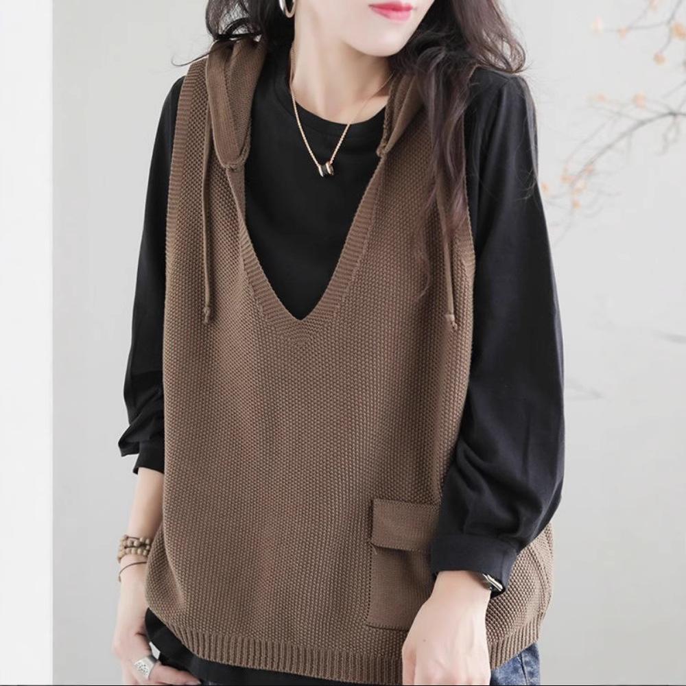 Женский осенне-зимний вязаный жилет-свитер с капюшоном, жилет свободного повседневного стиля XXL кофейный