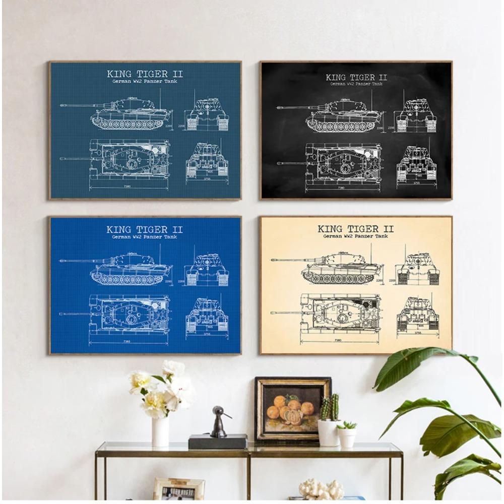 WW2 Tank Patent Vintage Posters and Prints German Tank King Tiger 2 Blueprint Art Canvas Painting Boys Gifts Wall Art Decor