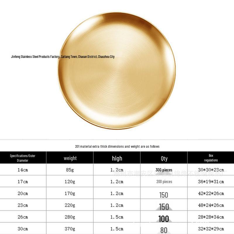 Korean Style 304 Stainless Steel Gold Round Plate for Fruit, Dinner, Vegetables, and BBQ