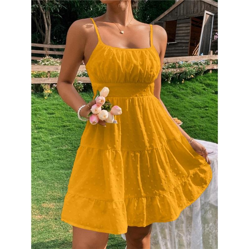 Women's Summer New Polka Dot Suspender Waist Dress Loose Simple Casual Solid Color Skirt