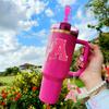 Cup Accessories Set for Stanley Cup 30oz 40oz tumbler with handle, Including Silicone Straw Topper Cover Cap, Handle Charm, Initials Sticker Fuchsia