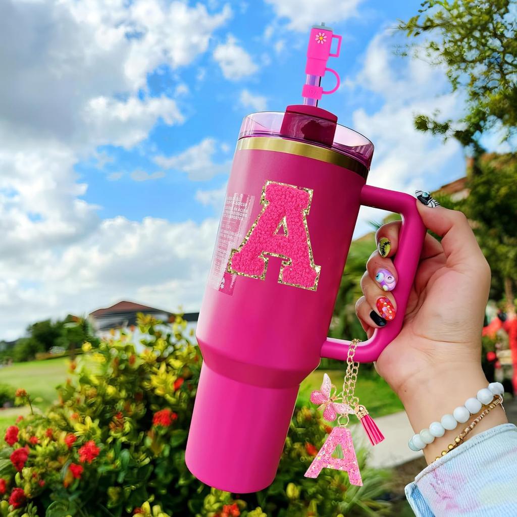 Cup Accessories Set for Stanley Cup 30oz 40oz tumbler with handle, Including Silicone Straw Topper Cover Cap, Handle Charm, Initials Sticker Fuchsia