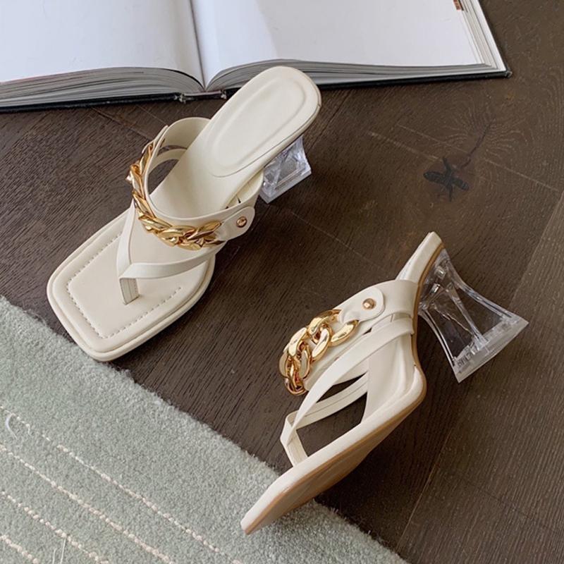 

High Quality Soft Leather Women Flip Flops Mules Slippers Outdoor Transparent Heels Gladiator Sandals Chain Design Summer Shoes