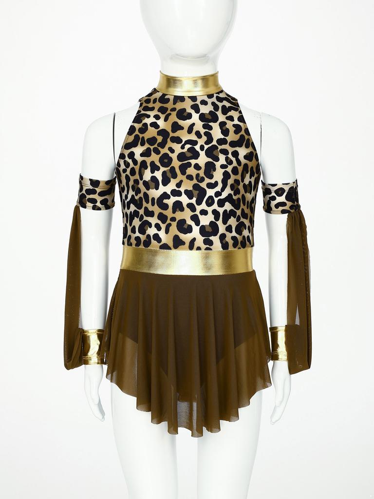 Girls Prehistoric Costume Leopard Print Dress with Built-in Briefs & Oversleeves Metallic Gloss for Performance