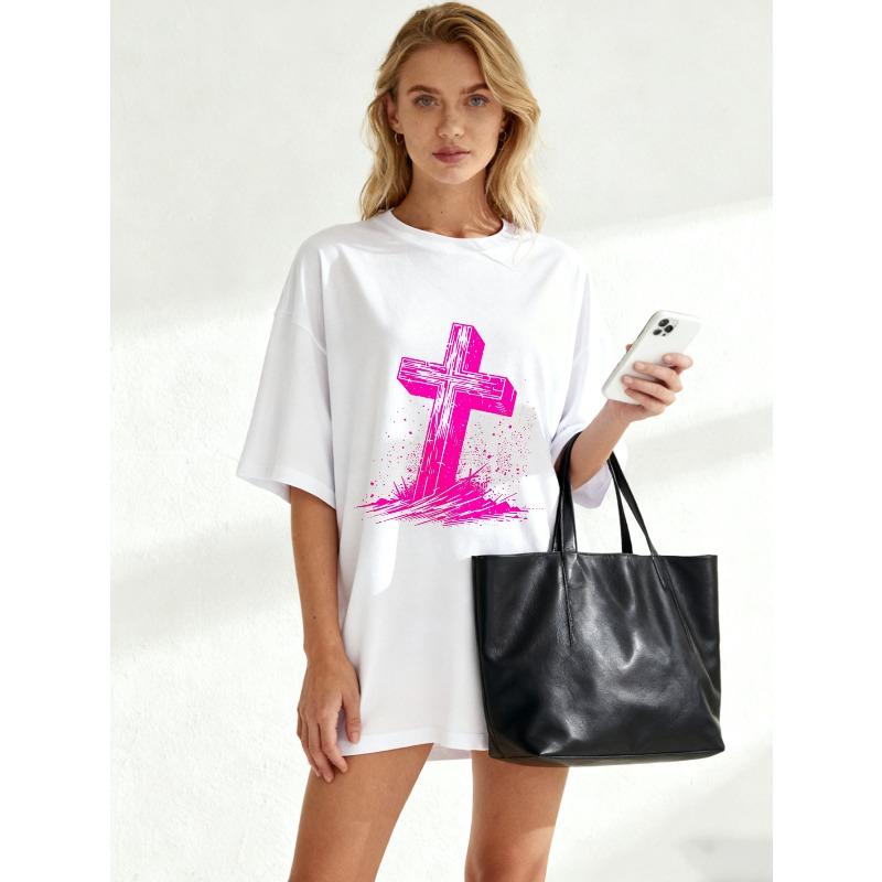 Black Oversized T Shirt With Pink Cross Print For Casual Wear