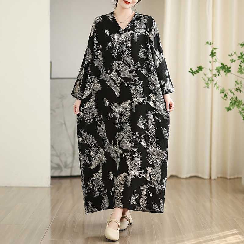 Colorful Travel V-neck Retro Long Skirt Cotton Linen Dress