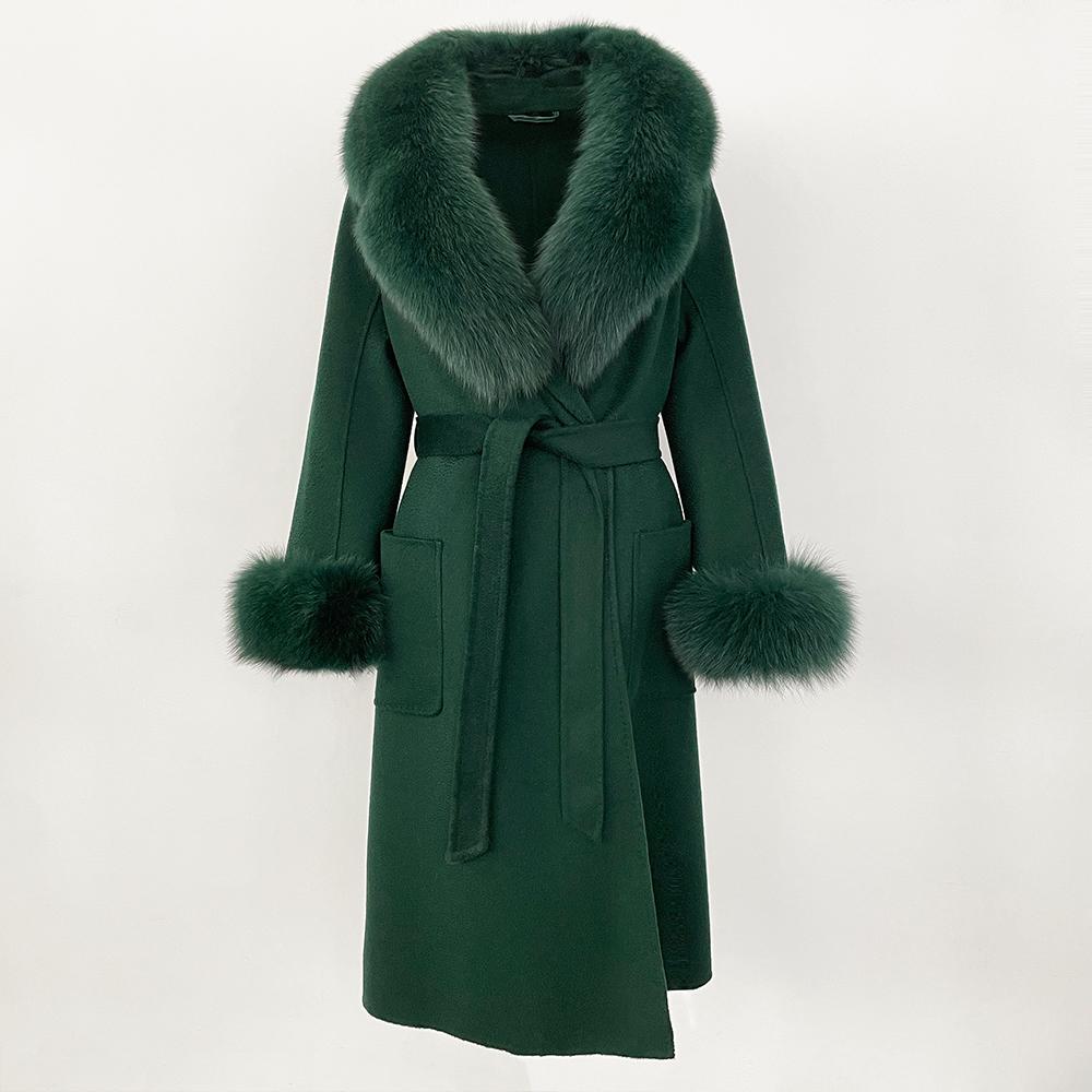 MENINA New  Autumn Winter Fashion 100% Wool Water-Corrugated Woolen Coat with Detachable Fox Fur Collar Women Daily Casual Wear