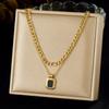Gold Double Layer Chain Necklace with Black Square Enamel Pendant for Women