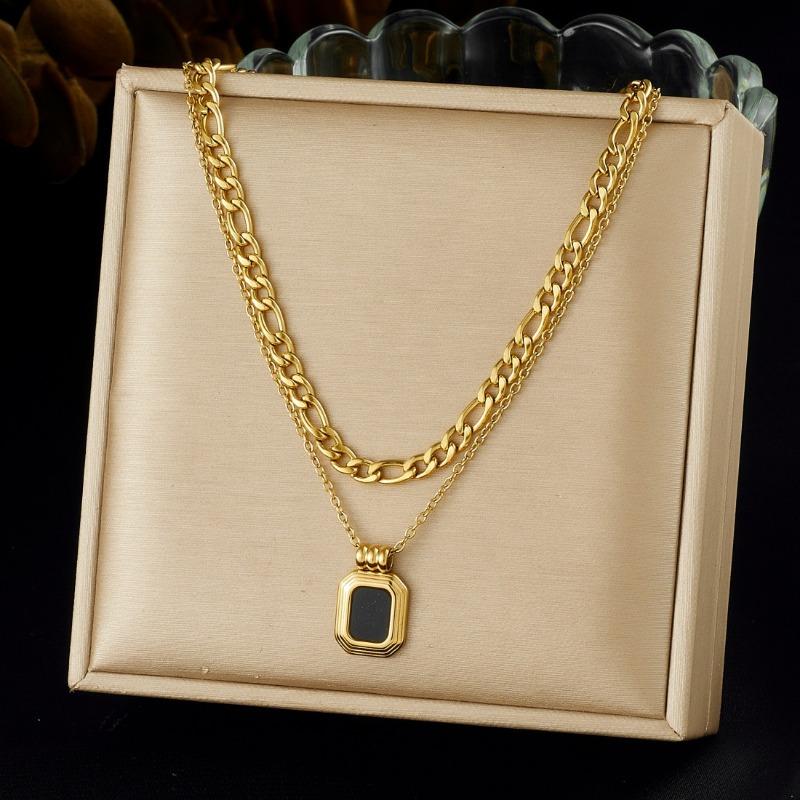Gold Double Layer Chain Necklace with Black Square Enamel Pendant for Women