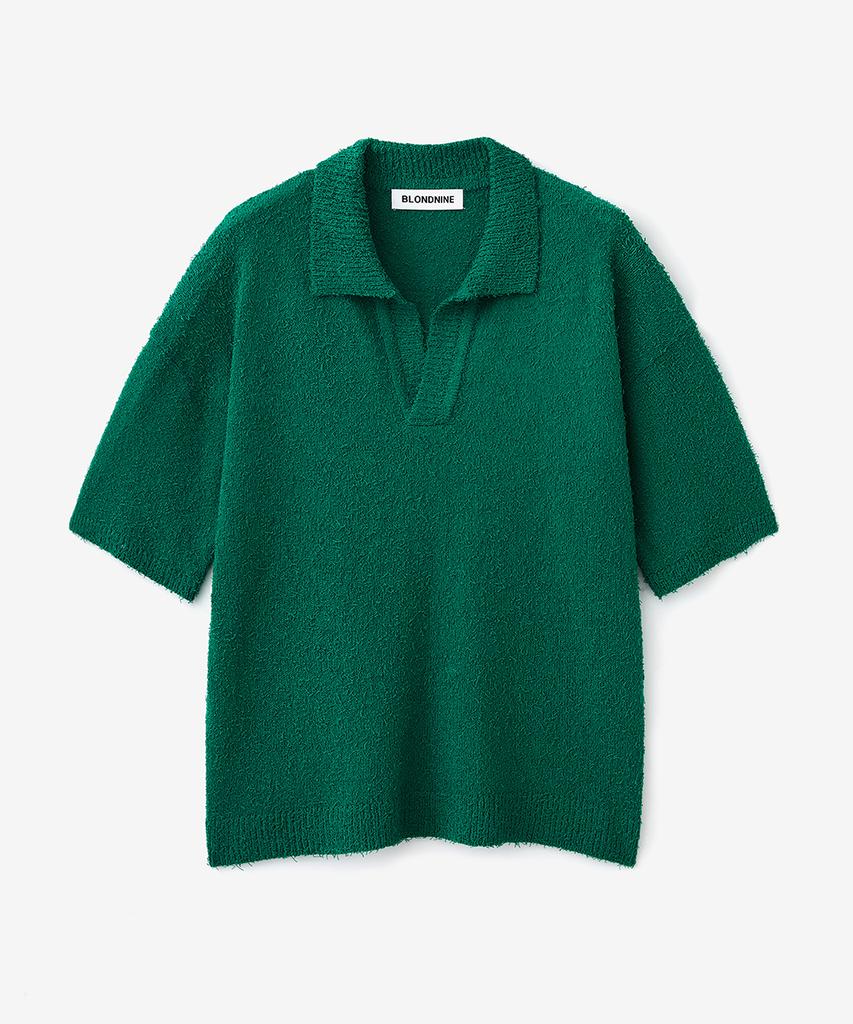 BLOND9 Tail Yarn Open Collar Short Sleeve Knit_Green