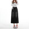 2026 Spring New Arrival: Women's Black-Grey High-Waisted Mid-Length Slimming Denim Pencil Skirt with Rear Slit.