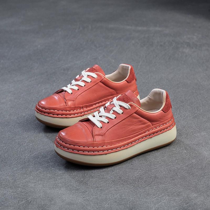 Fashion GKTINOO Sneakers Women Genuine Cow Leather Flats Round Toe Lace-Up Spring Autumn Lady Casual Flat Shoes Handmade Women Shoes