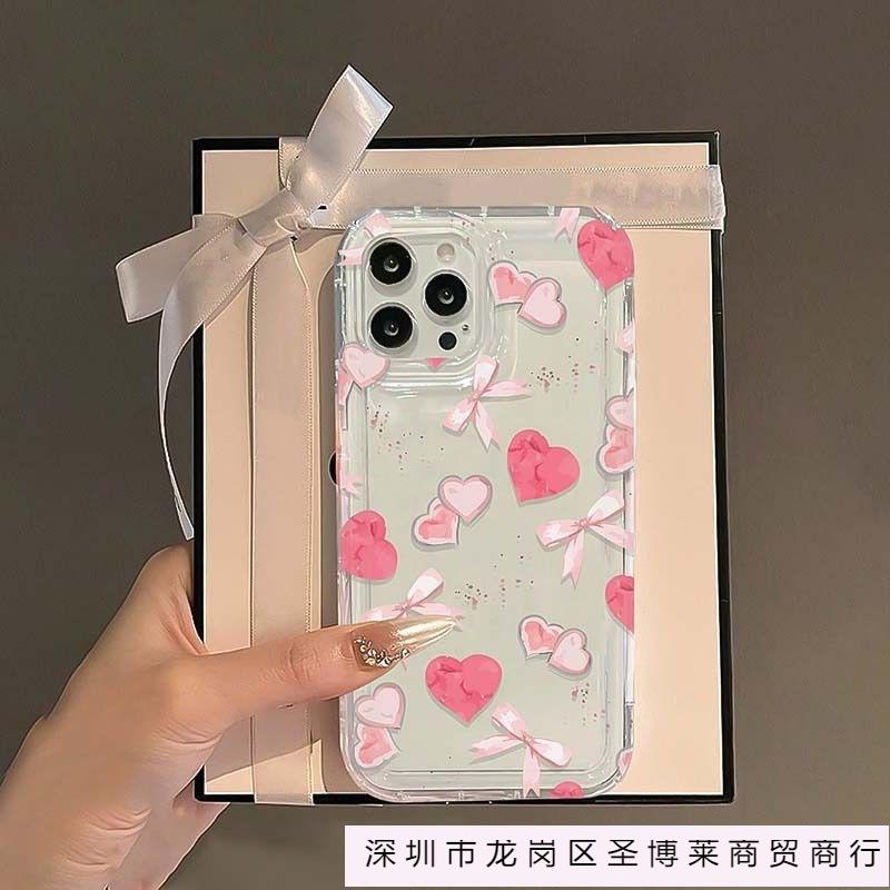 Full Screen Pink Bow Love Applies To Apple 17 Mobile Phone Case iPhone16/15/14 Transparent Airbag Case 13
