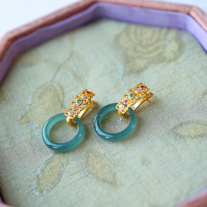 Blue Water Jade Hoop Earrings: Natural A-Grade Jade with Gold-Plated 925 Silver Ping’an Buckle - New Chinese Style
