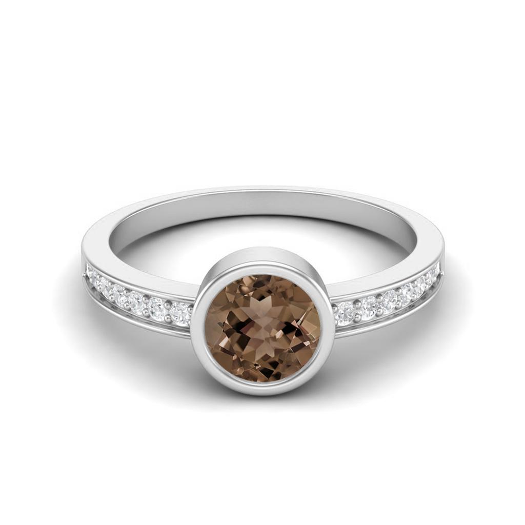 6mm Round Smoky Quartz 925 Sterling Silver Solitaire Side Accents Women Promise Ring
