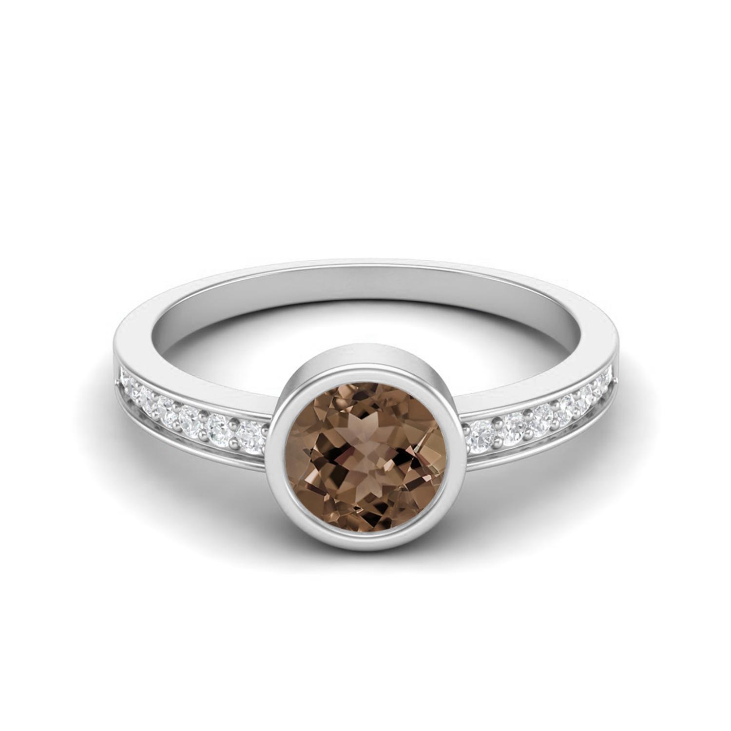 6mm Round Smoky Quartz 925 Sterling Silver Solitaire Side Accents Women Promise Ring 11