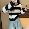 Korean Contrasting Round Neck Striped Long Sleeved Knitted Sweater Women's Autumn and Winter Slimming Loose Fitting Pullover Short Top