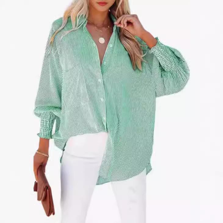 Pocket Shirts Striped Long Sleeved Loose Casual Women's Blouses & Shirts