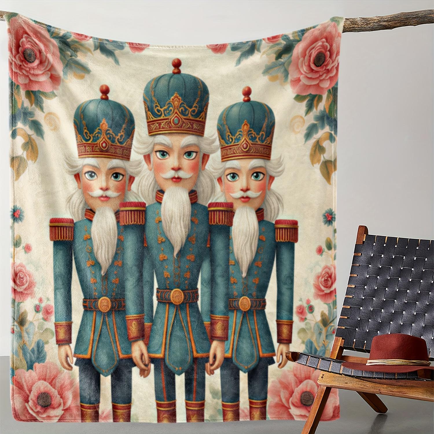 1pc Flannel Blanket with Exquisite Nutcracker Soldier Print, Warm and Soft Throw for Sofa, Bed, Car, Office, Camping & Travel – 75x90cm