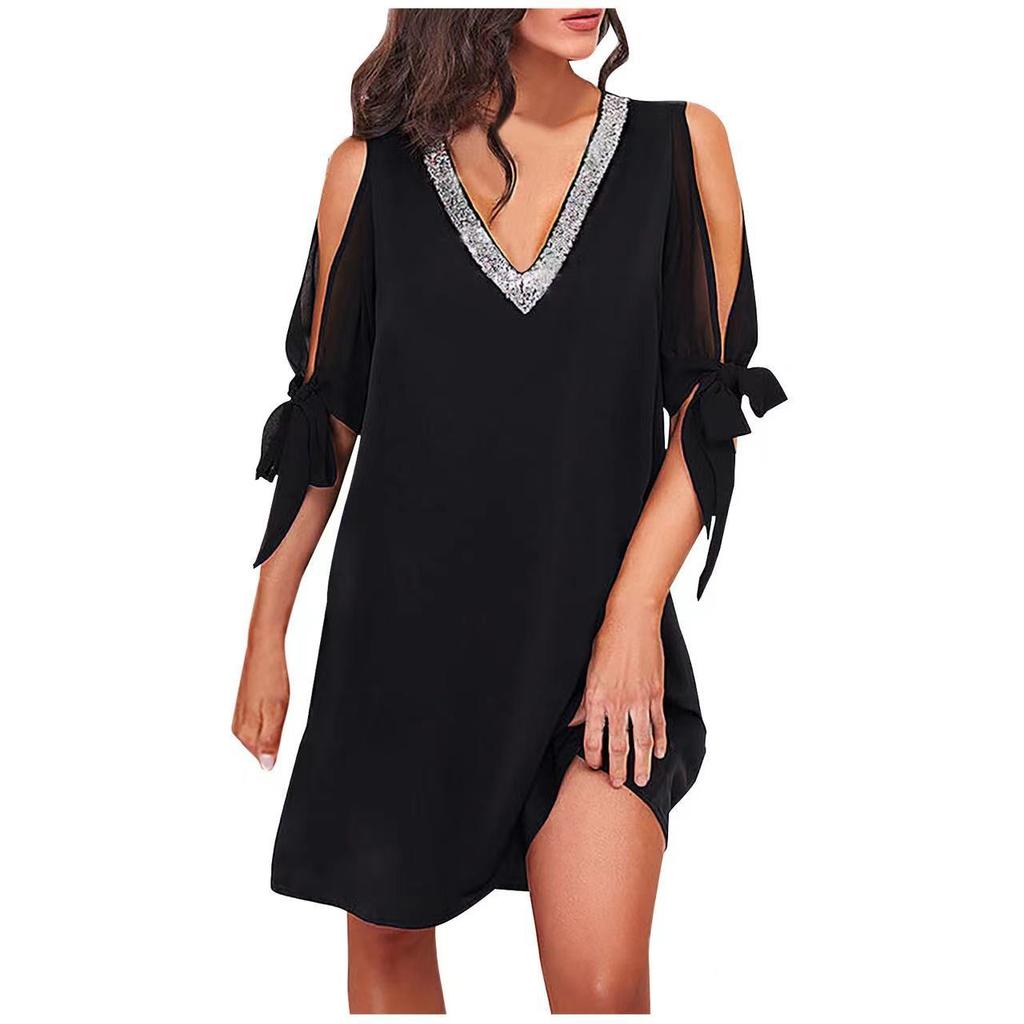 Women Summer Sexy  Sequin V-Neck Hollow Out   Dress Casual Solid Loose Off Shoulder Party Dress