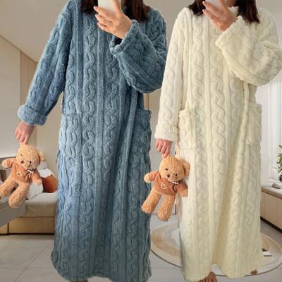 Women Home Clothes Nightgowns Solid Color Flannel Sleepwear Night Dress Jacquard Dress Thickened