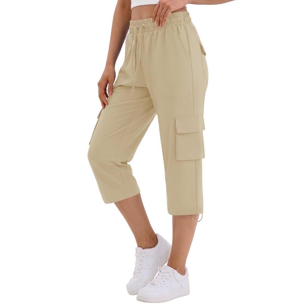 Women Casual Solid Color Loose Fit Sport Cargo Capri Pants with Elastic Waist and Adjustable Drawstring for Outdoor Activities