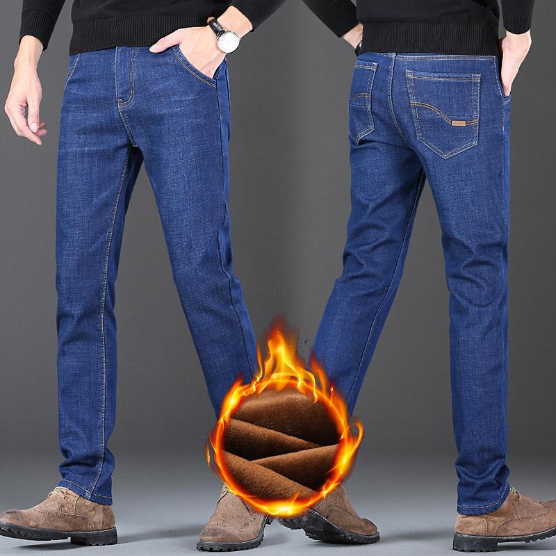 Premium Fleece-Lined Thickened Autumn/Winter Denim Trousers Men's Relaxed Straight-Leg Stretch Oversized Casual Trousers