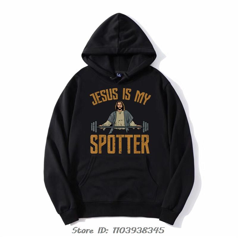 Jesus Is My Spotter Printed Cotton Pullover Hoodie Humor Weight Lifting GYM zip up Jacket Oversized Sweatshirt Hoody streetwear