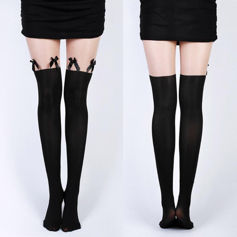 Sexy Women Faux Thigh High Transparent Patchwork Pantyhose Tights Japanese School Girls Cute Bowknot Stockings Hosiery
