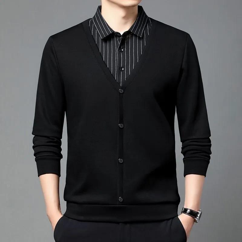 Mens Fake Two Piece Polo Neck Knit Long Sleeve Shirt M