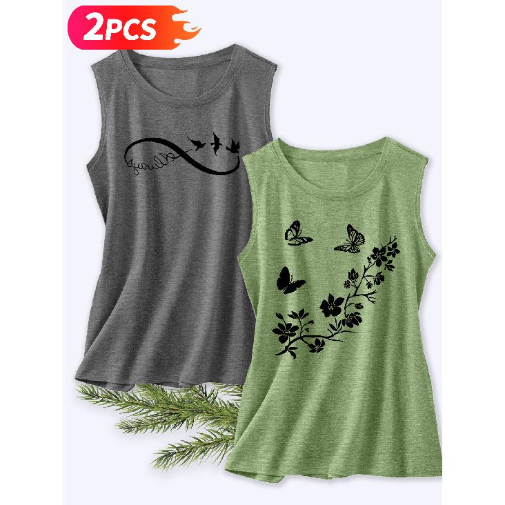 Follow a Specific Direction Two-piece Women's Tank Top with Butterfly and Floral Print Elegant Summer Party Outfits Sleeveless Vest Essential Fashion