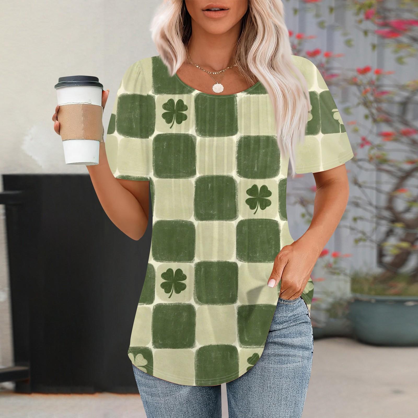 

Женская модная повседневная плиссированная круглая горловина St. Футболка с короткими рукавами и принтом ко Дню Святого Патрика XXL бежевый